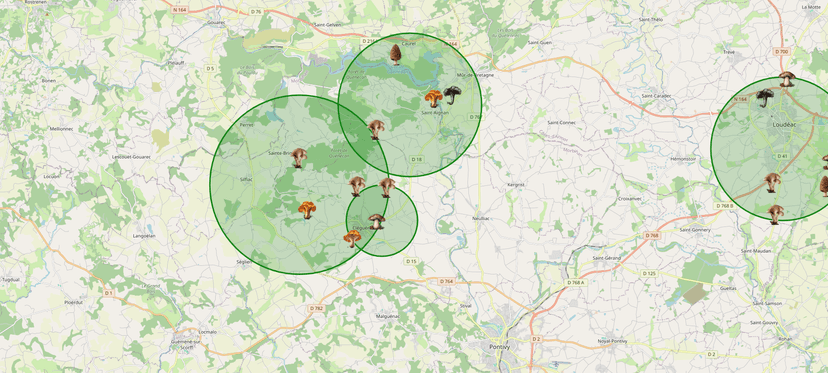 Carte interactive de Champi France répertoriant les spots à champignons